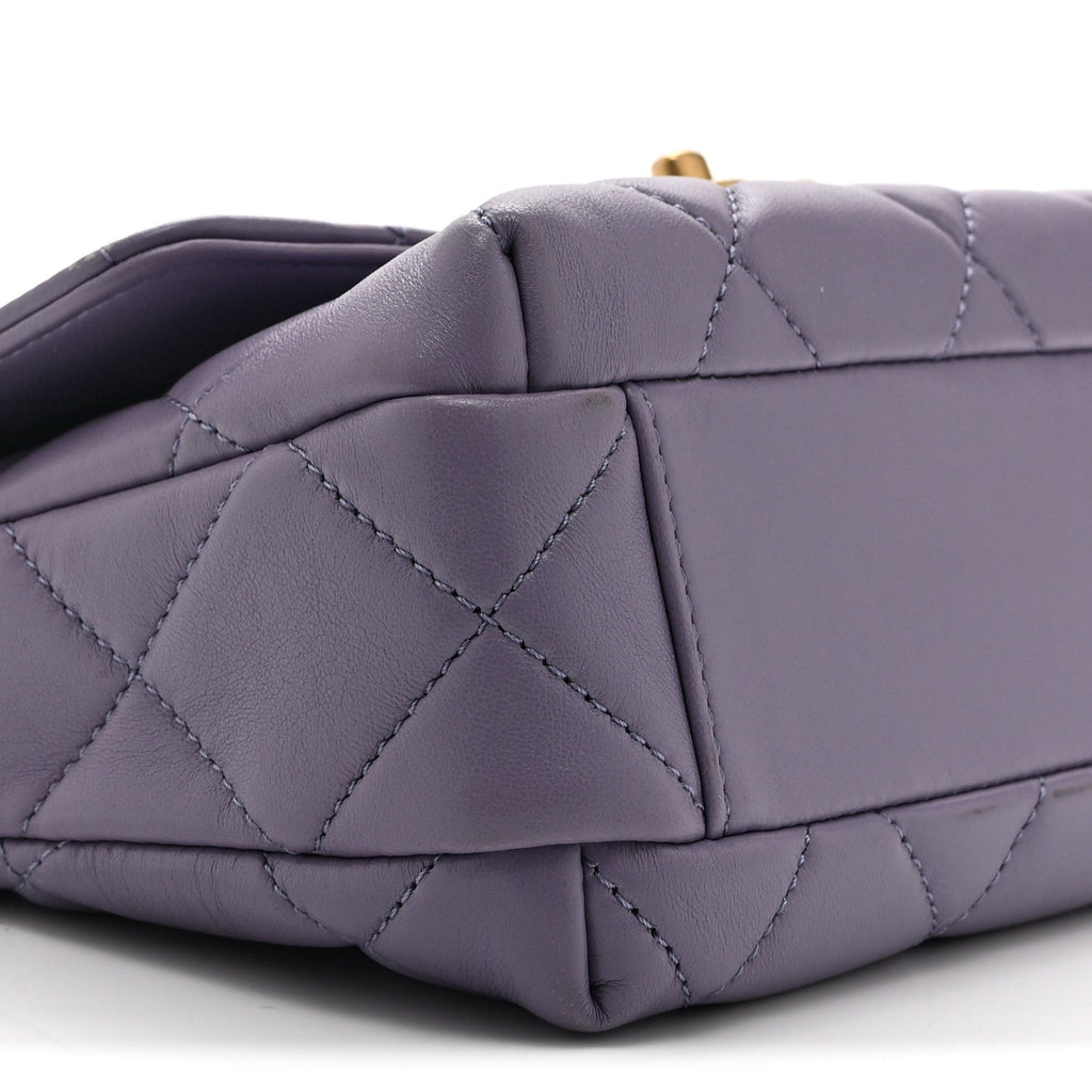 Chanel Shiny Lambskin Quilted Mini Pearl Logo Flap Light Purple