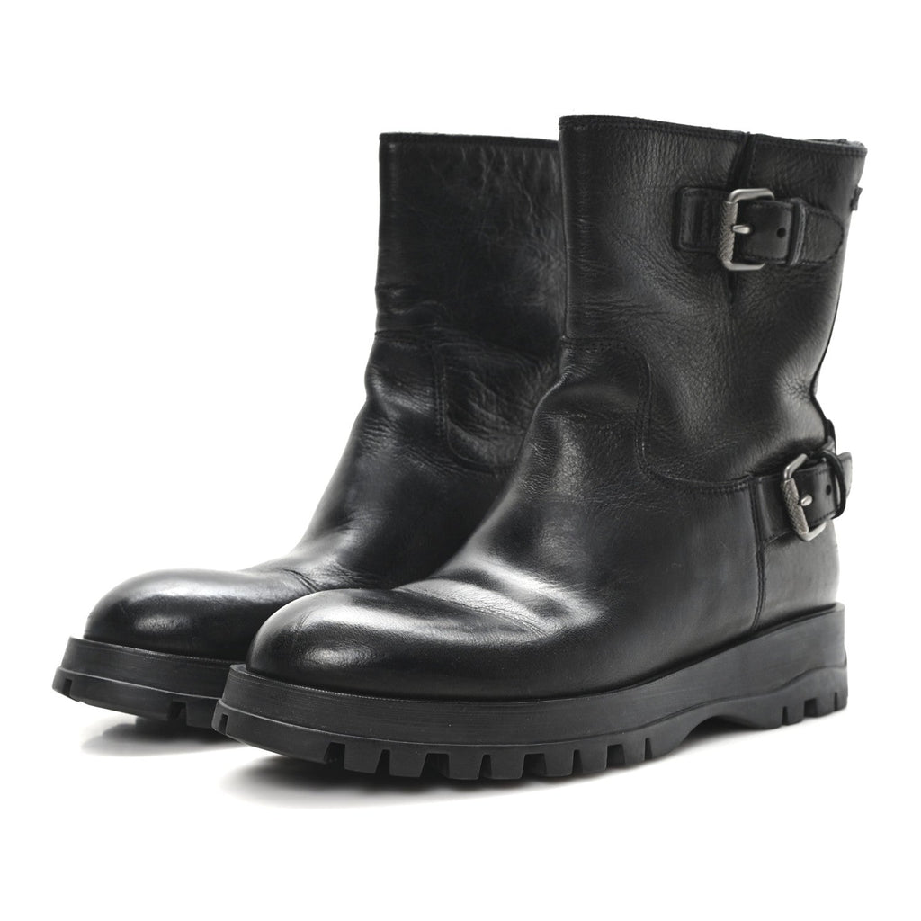 Prada Calfskin Double Buckle Combat Boots 37 Black