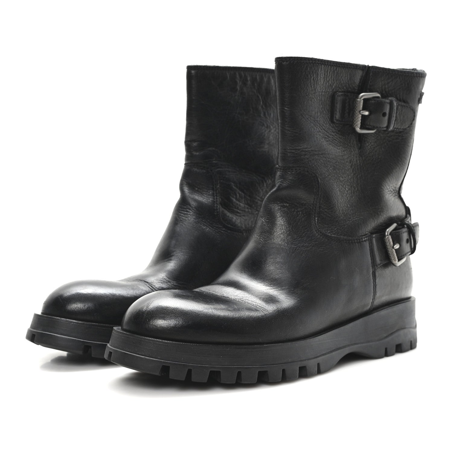 Prada Calfskin Double Buckle Combat Boots 37 Black