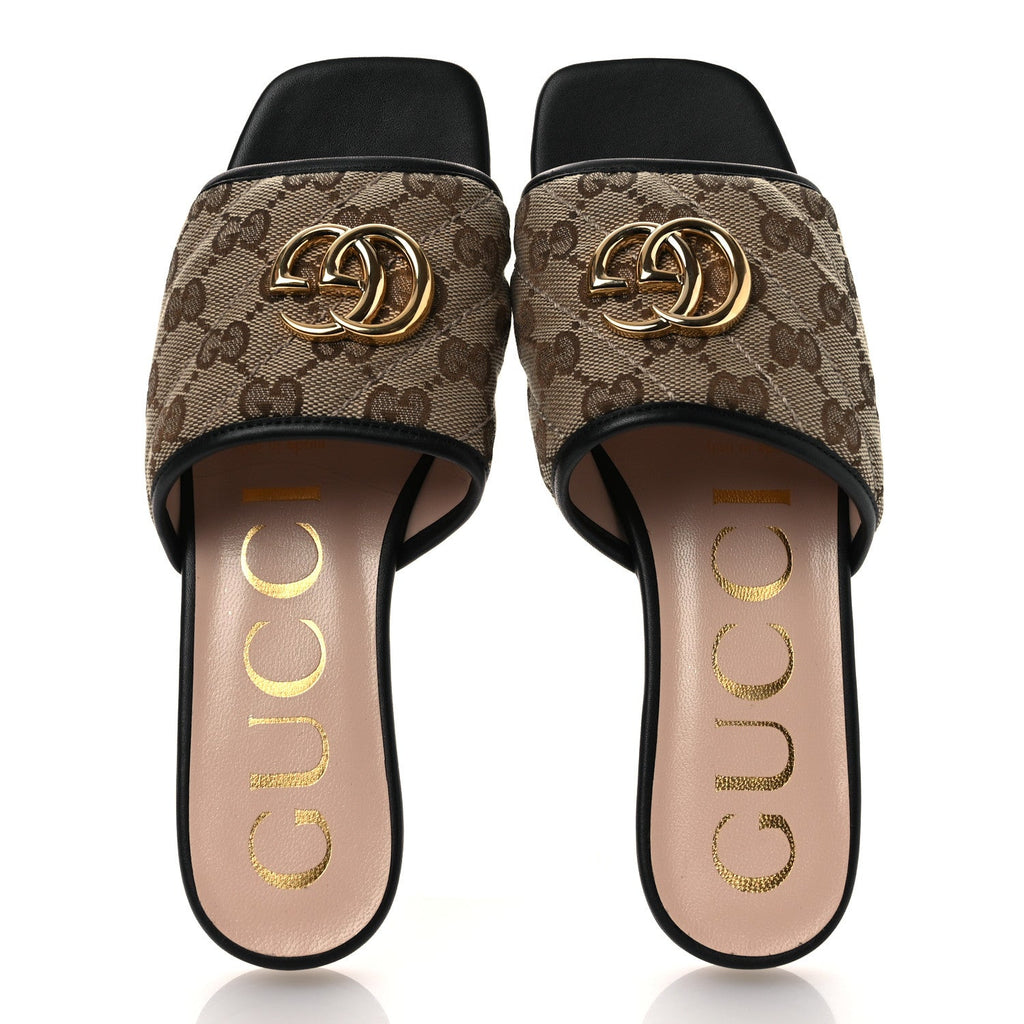 Gucci Monogram Matelasse Diagonal GG Marmont Flat Slide Sandals 35 Beige Ebony Black