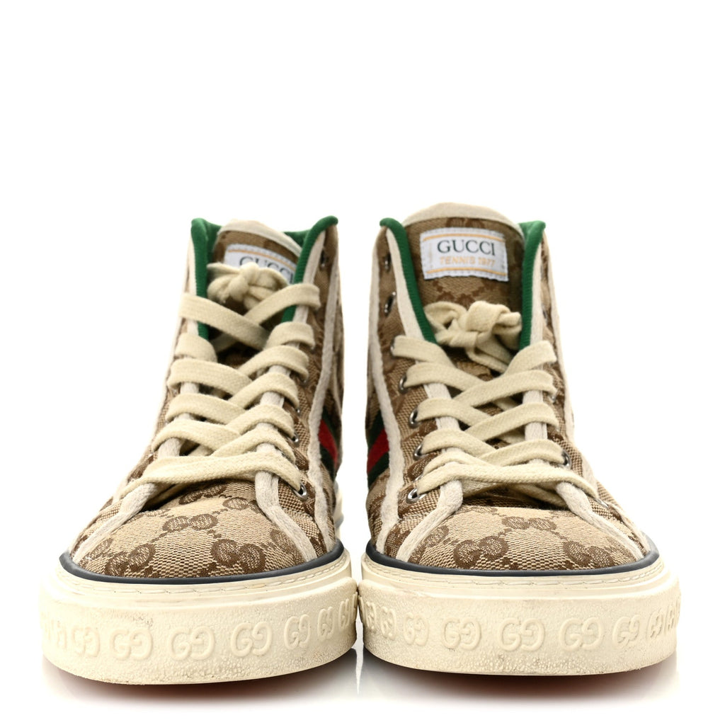 Gucci GG Monogram Web Womens 1977 Tennis High Top Sneakers 37 Beige Ebony Mystic White