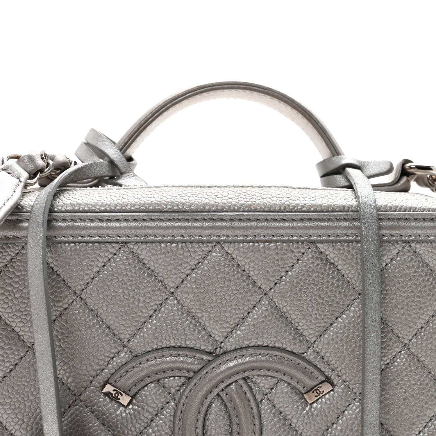 Chanel Metallic Caviar Quilted Medium CC Filigree Vanity Case Silver