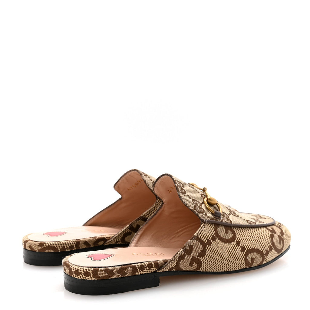Gucci Monogram Jumbo GG Malaga Kid Womens Princetown Slippers 35.5 Camel Ebony New Acero Beige