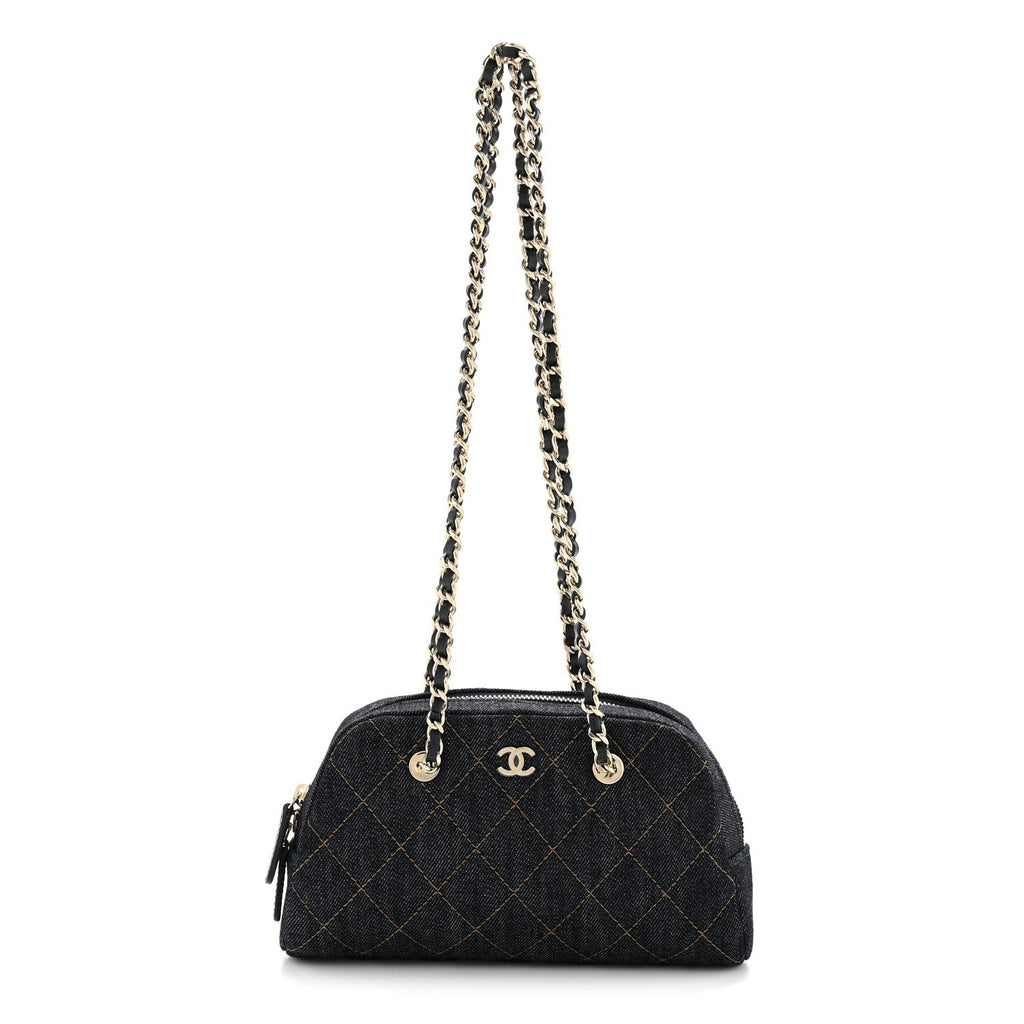 Chanel Denim Quilted Clutch With Chain Dark Blue Orange