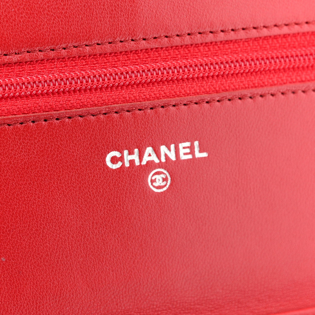 Chanel Lambskin Camellia Embossed Wallet On Chain WOC Red