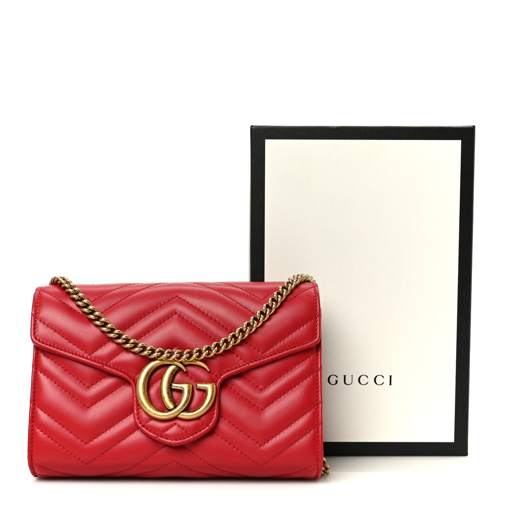 Gucci Calfskin Matelasse GG Marmont Chain Wallet Hibiscus Red