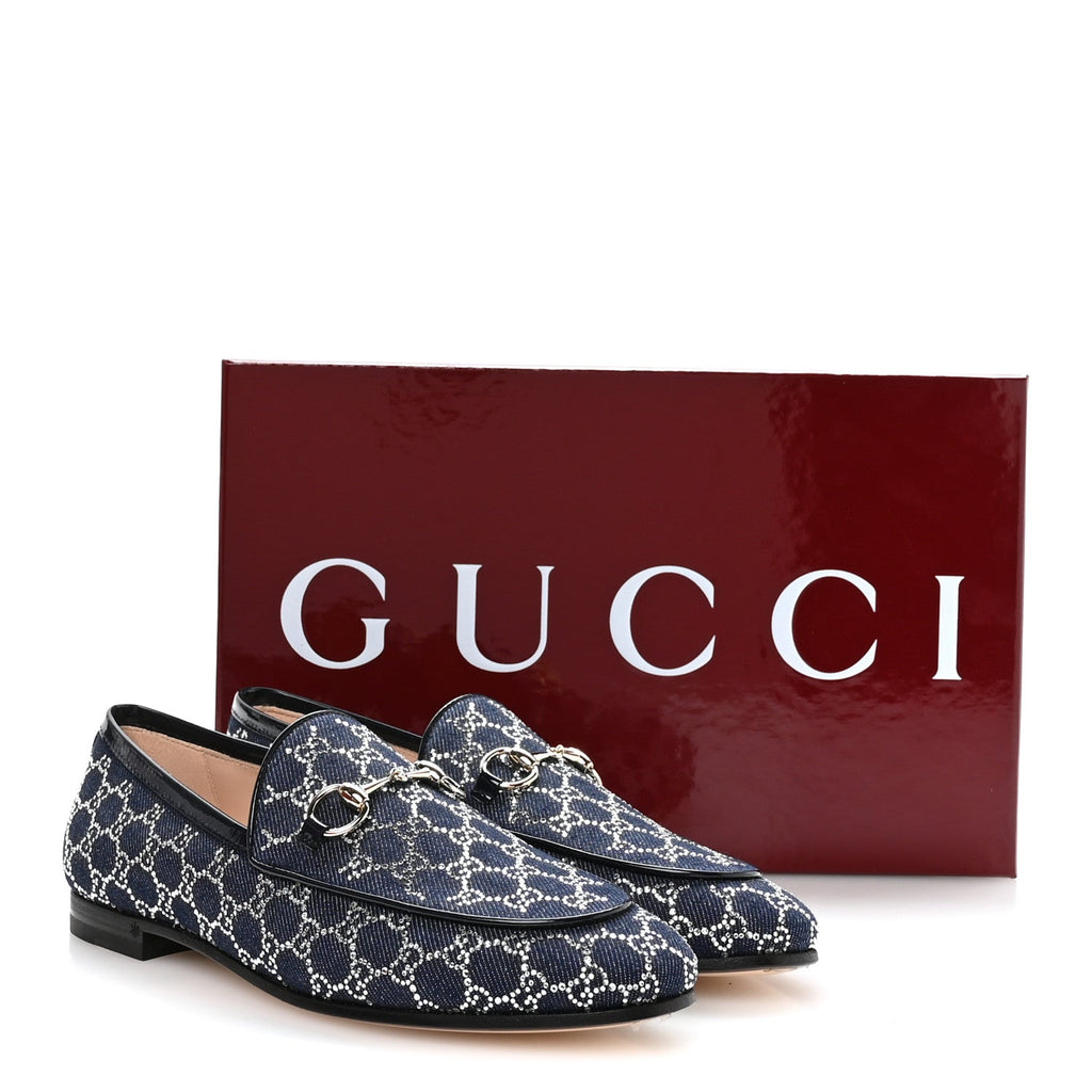 Gucci Denim Crystal GG Monogram Horsebit Womens Jordaan Loafers 37 Deep Blue Blue Milad