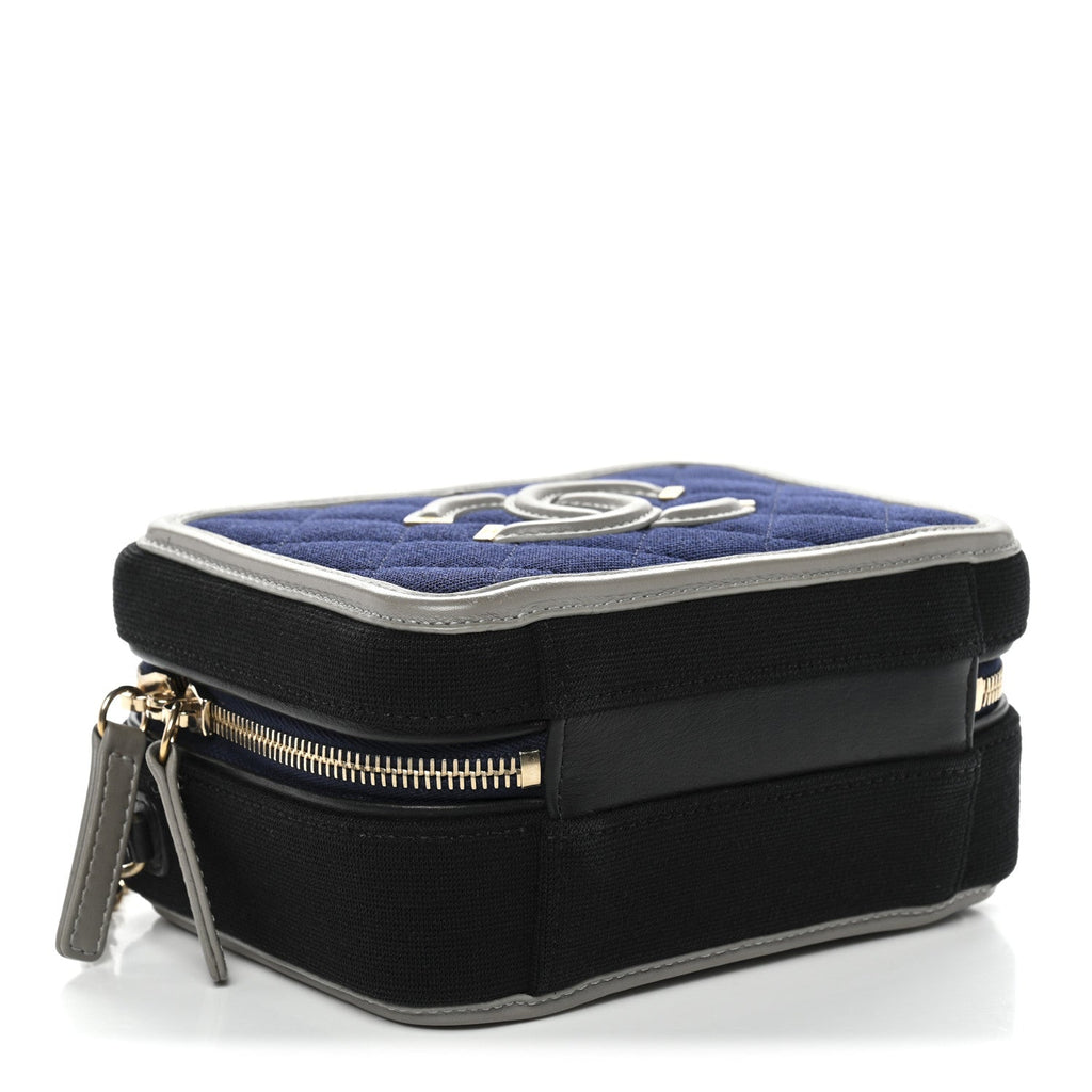Chanel Jersey Quilted Small CC Filigree Vanity Case Blue Black Grey