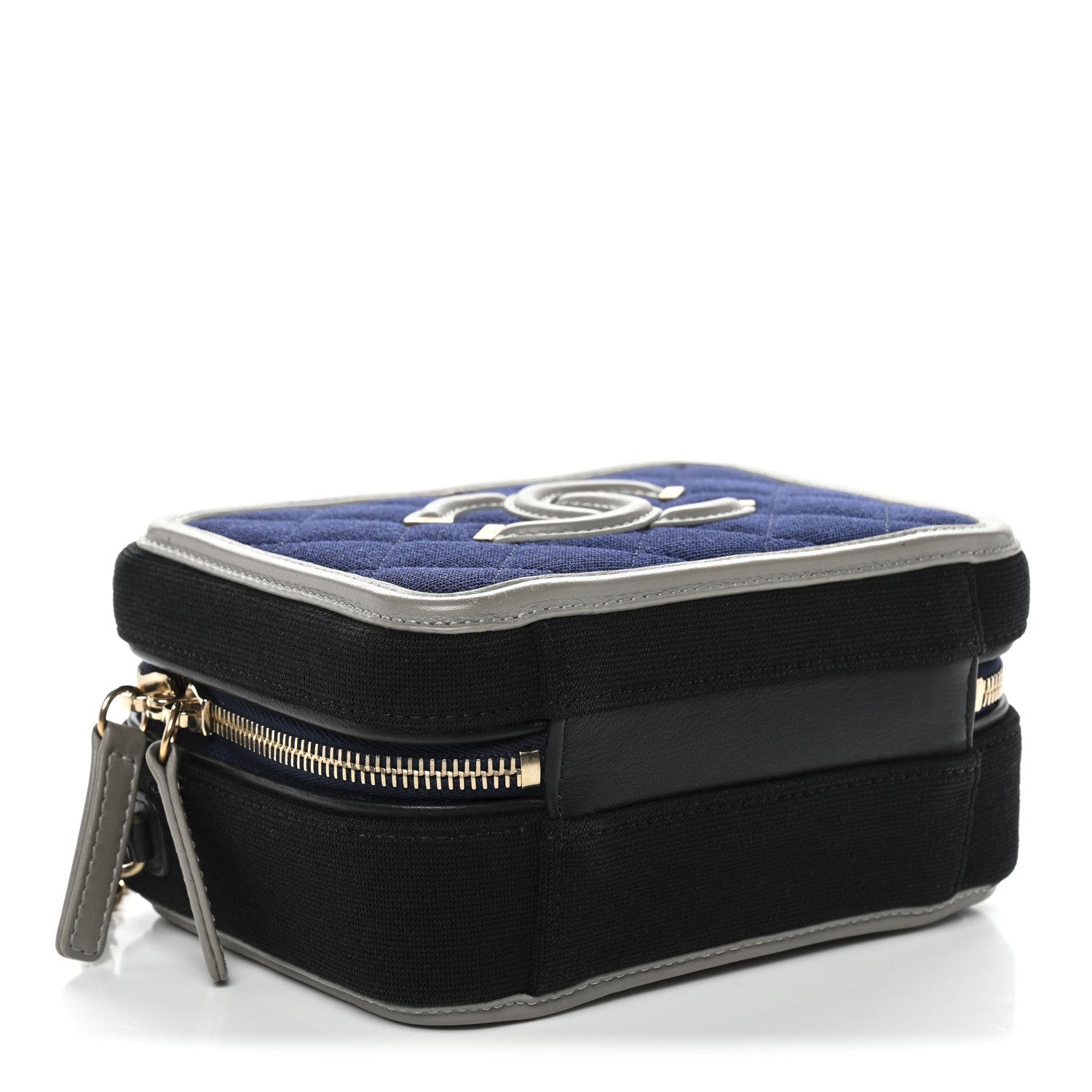 Chanel Jersey Quilted Small CC Filigree Vanity Case Blue Black Grey