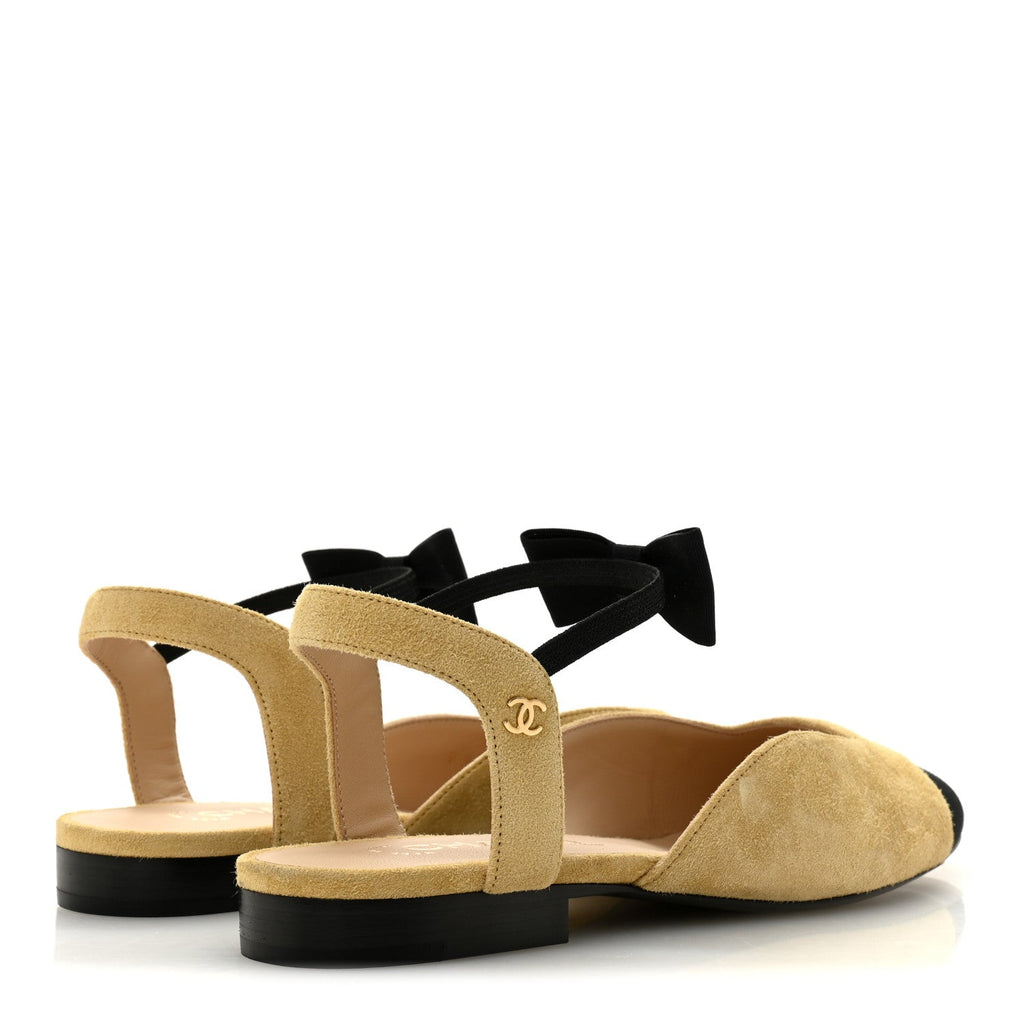 Chanel Suede Grosgrain Bow Cap Toe CC Slingback Flats 38 Beige Black