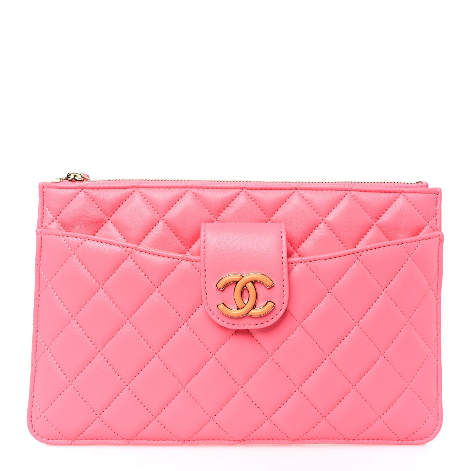 Lambskin Quilted Sunset Boulevard Pouch Case Coral Orange