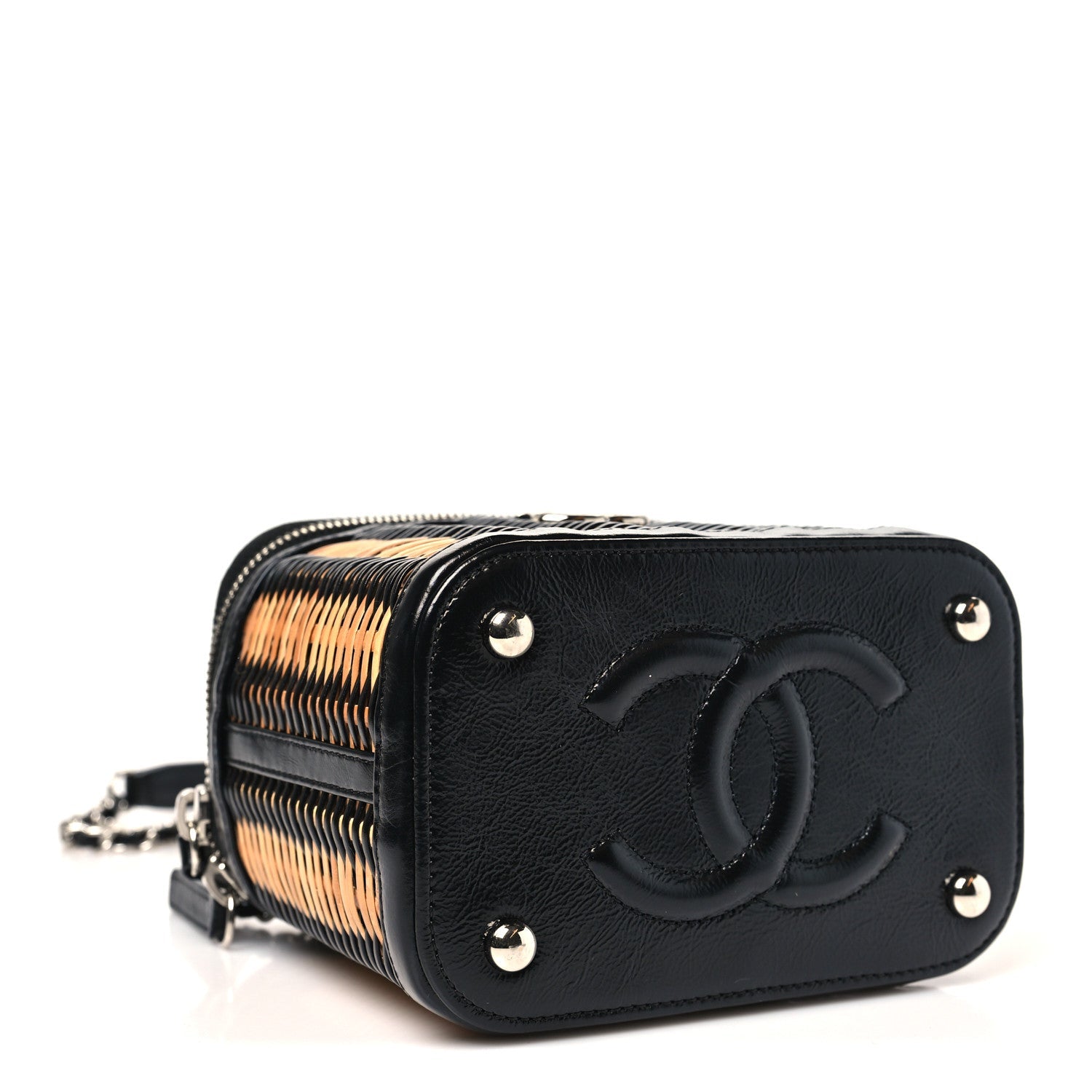Chanel Calfskin Raffia Small Vanity Case Bag Black Beige