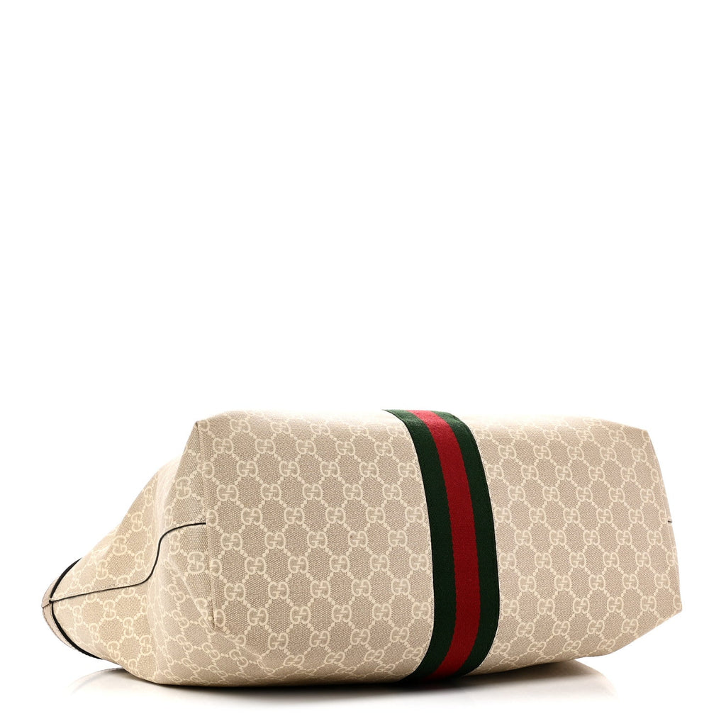 Gucci GG Supreme Monogram Textured Dollar Calfskin Web Medium Ophidia Shopping Tote Beige Mystic White Oatmeal