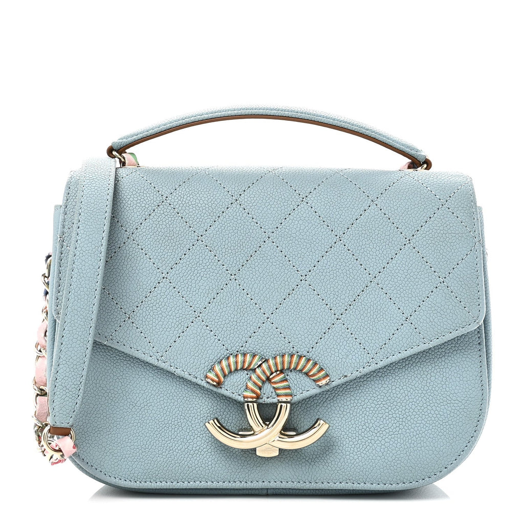 Chanel Grained Calfskin Quilted Small Cuba Top Handle Flap Blue