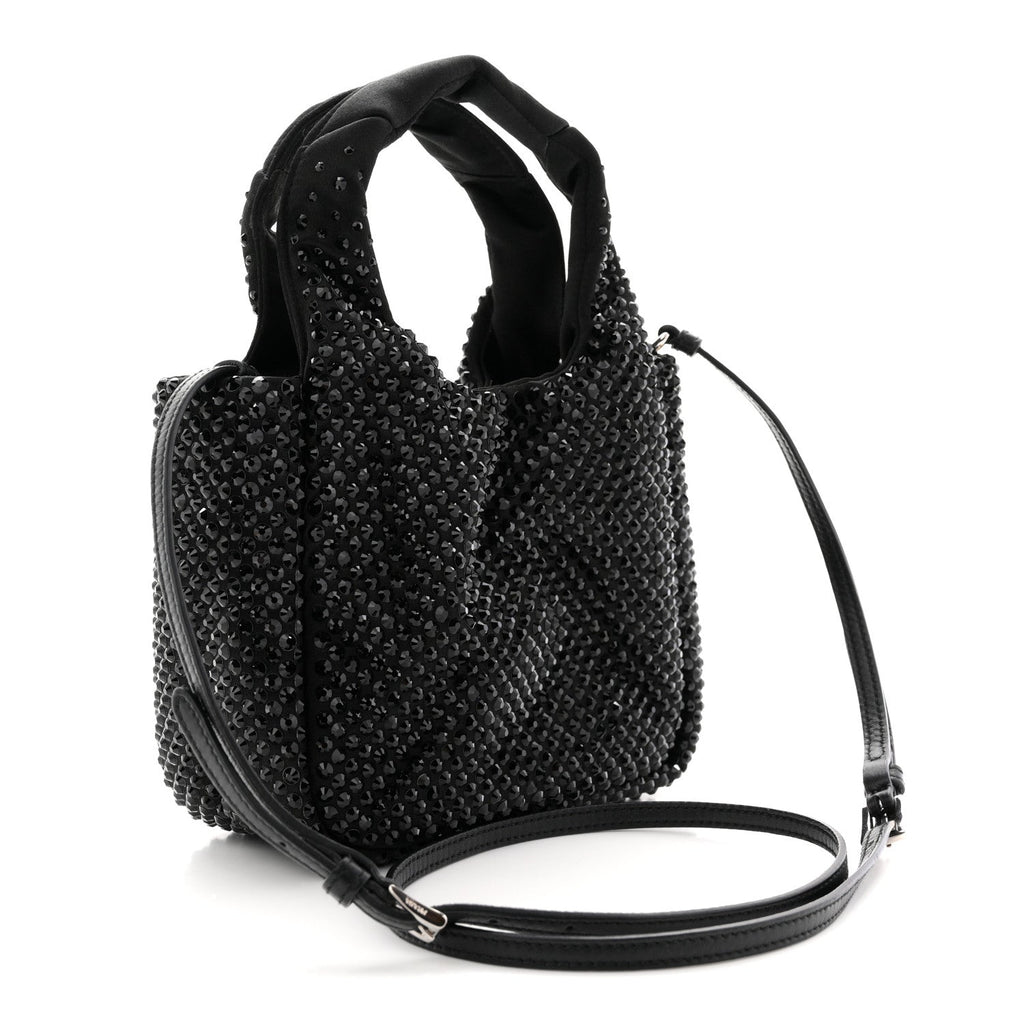 Prada Satin Crystal Soft Padded Small Double Handled Shoulder Bag Black