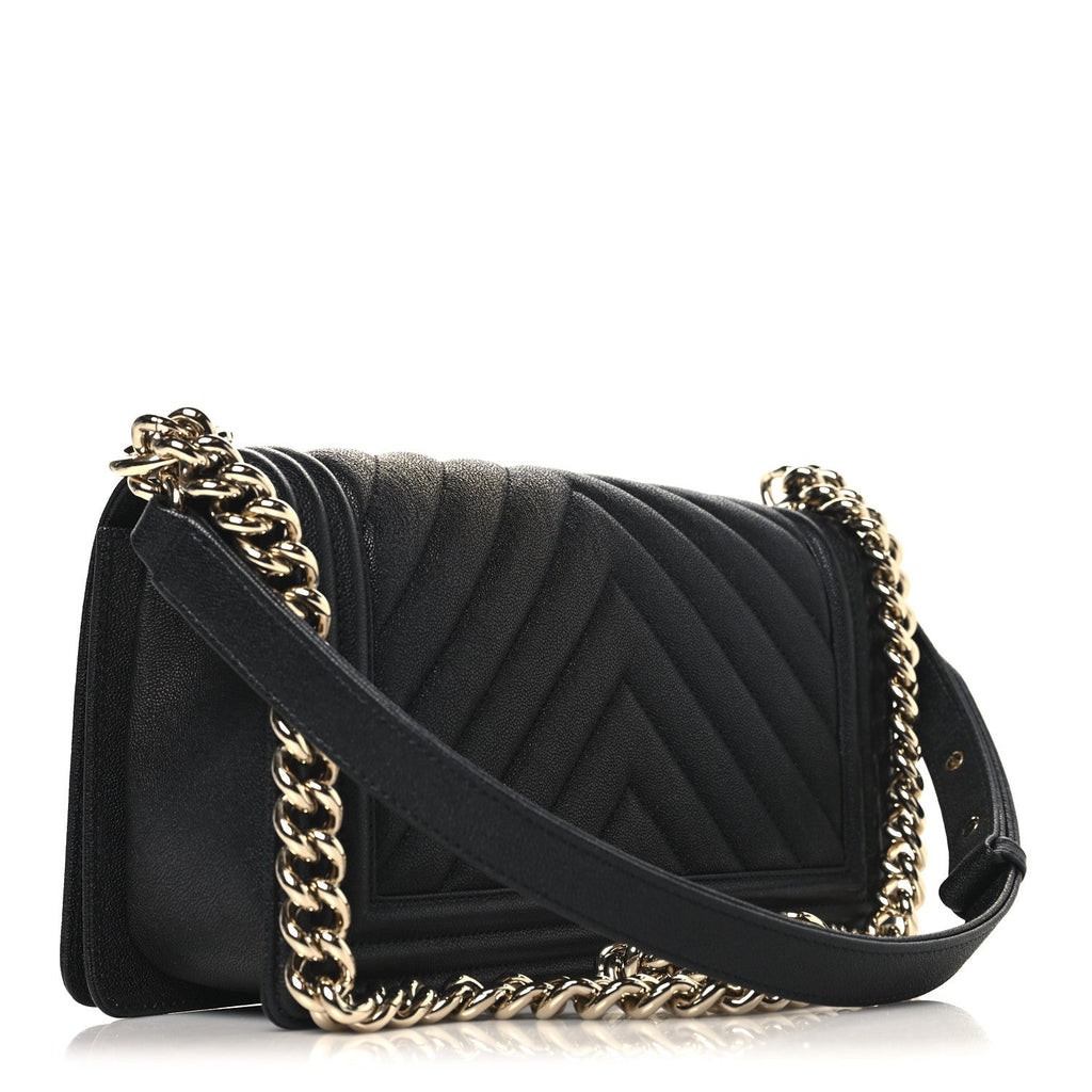 Chanel Caviar Chevron Quilted Medium Boy Flap Black