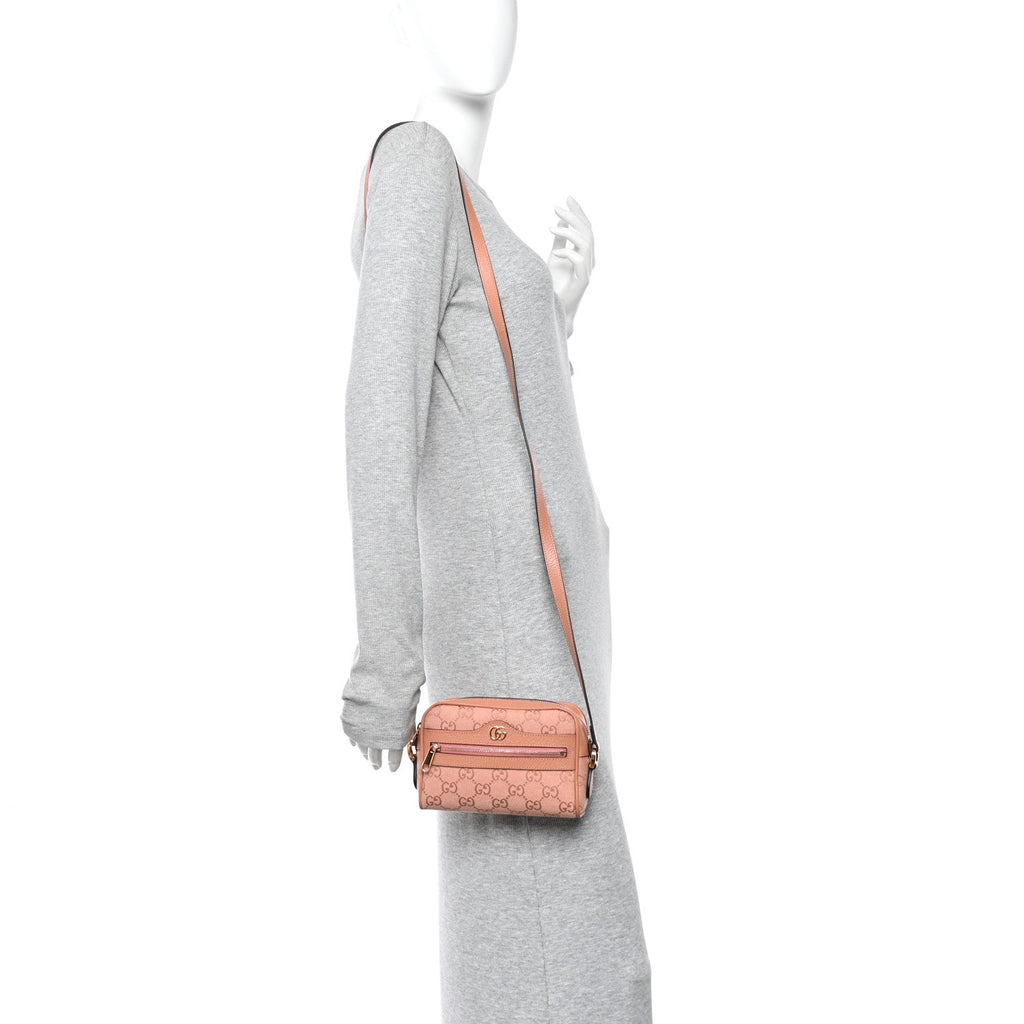 Gucci Monogram Textured Dollar Calfskin Mini Ophidia Shoulder Bag Cloche Rose Pink