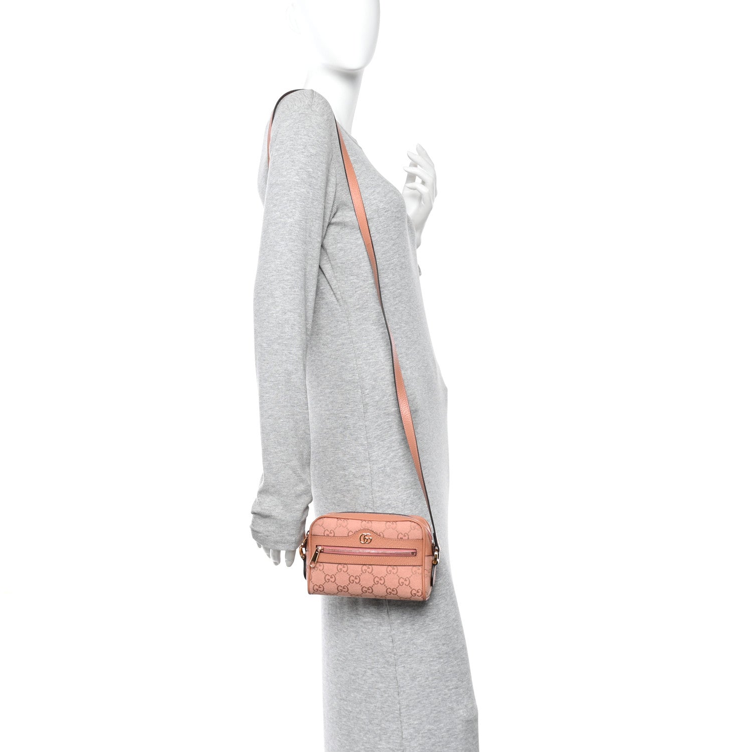 Gucci Monogram Textured Dollar Calfskin Mini Ophidia Shoulder Bag Cloche Rose Pink