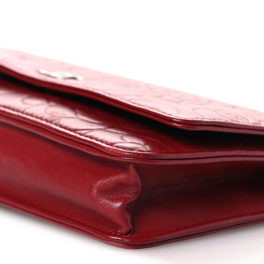 Chanel Lambskin Camellia Embossed Wallet on Chain WOC Red