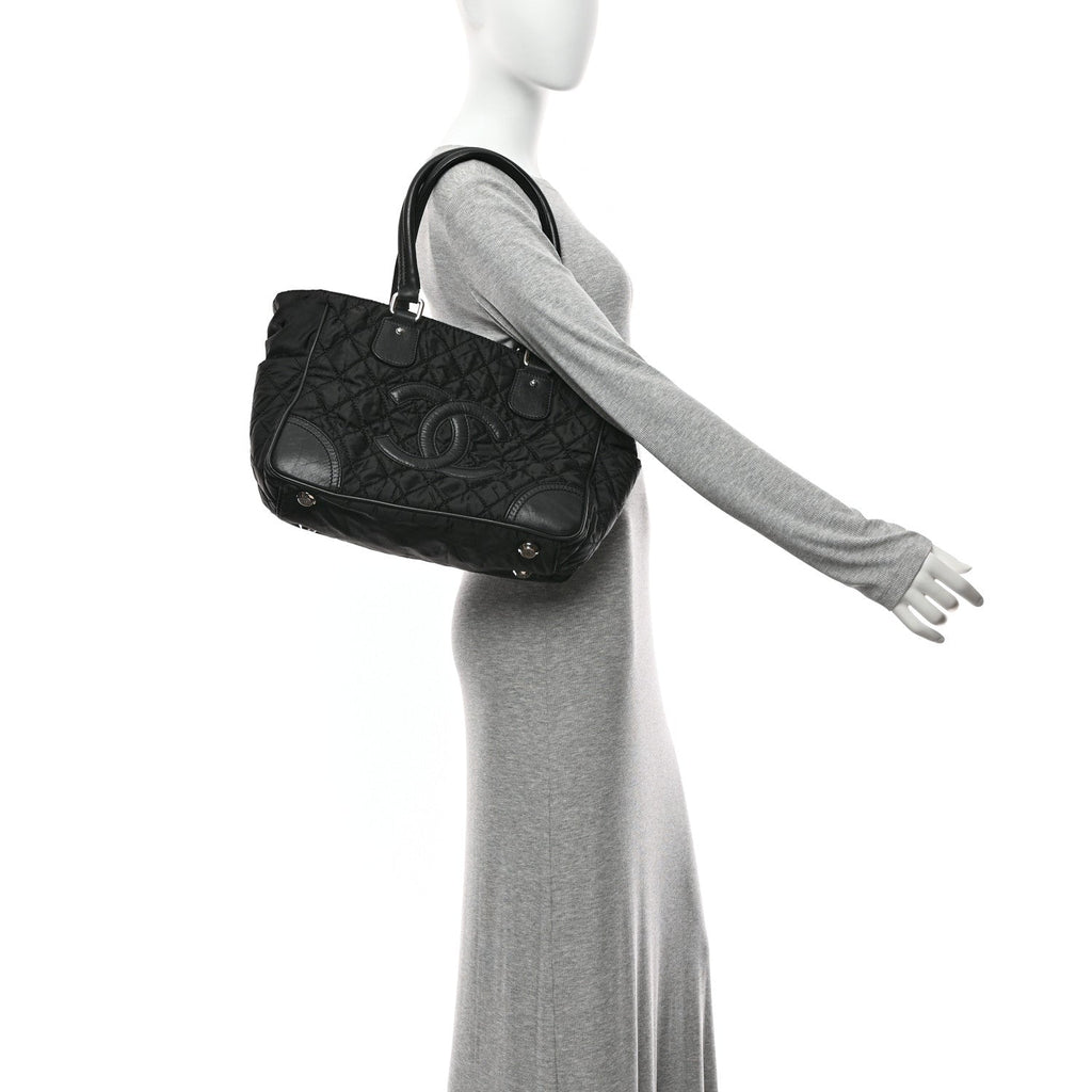 Chanel Nylon Calfskin Quilted CC Paris New York Tote Bag Black