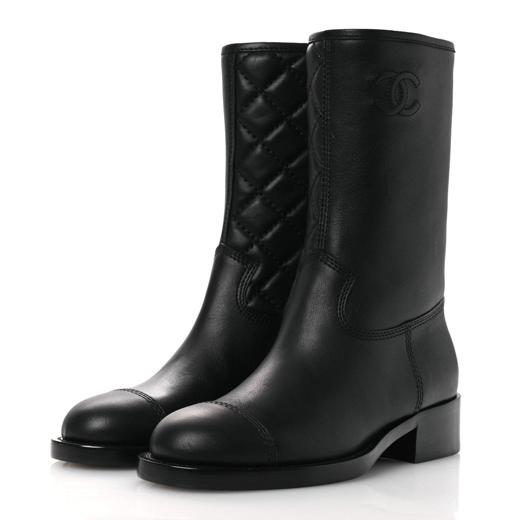 Calfskin Quilted CC Logo Mid Calf Boots 35 Black
