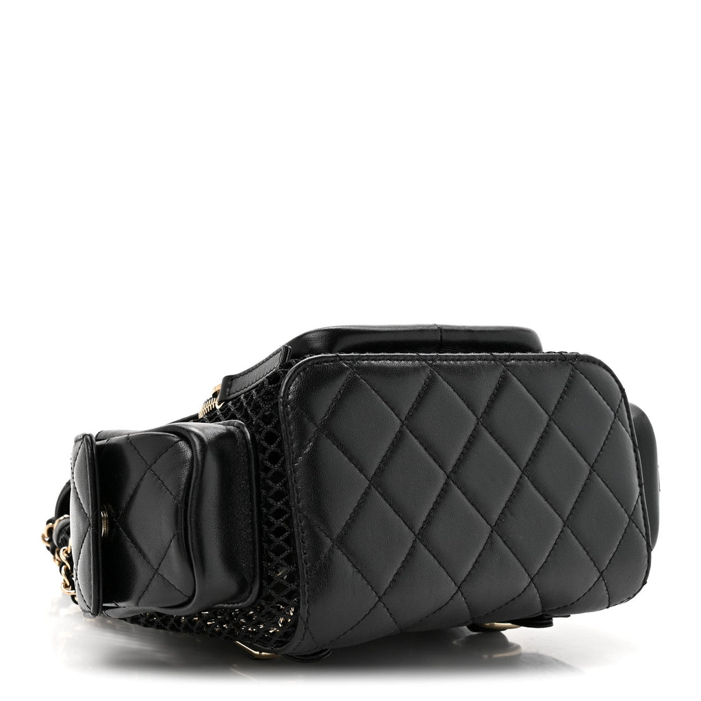 Chanel Shiny Lambskin Mesh Quilted Small Cargo Duma Drawstring Backpack Black
