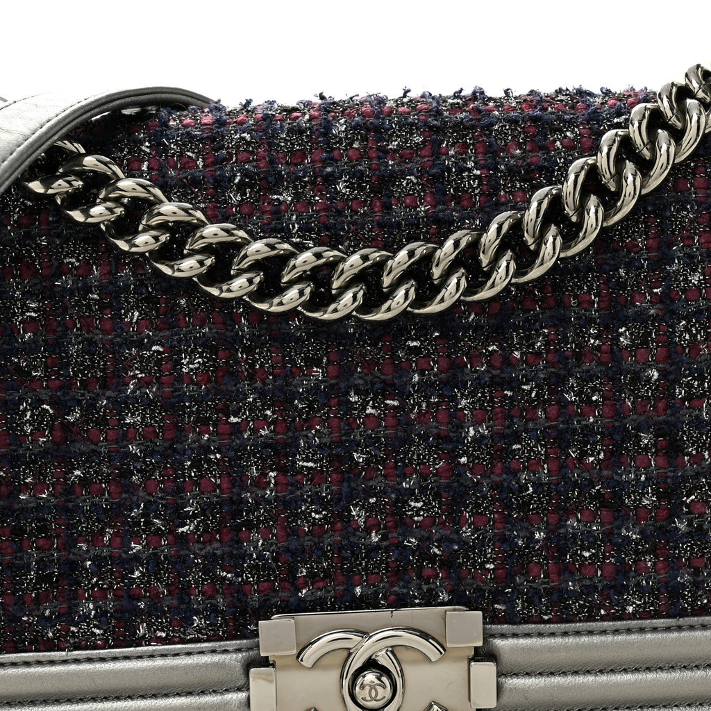 Chanel Tweed Metallic Lambskin Medium Boy Flap Silver
