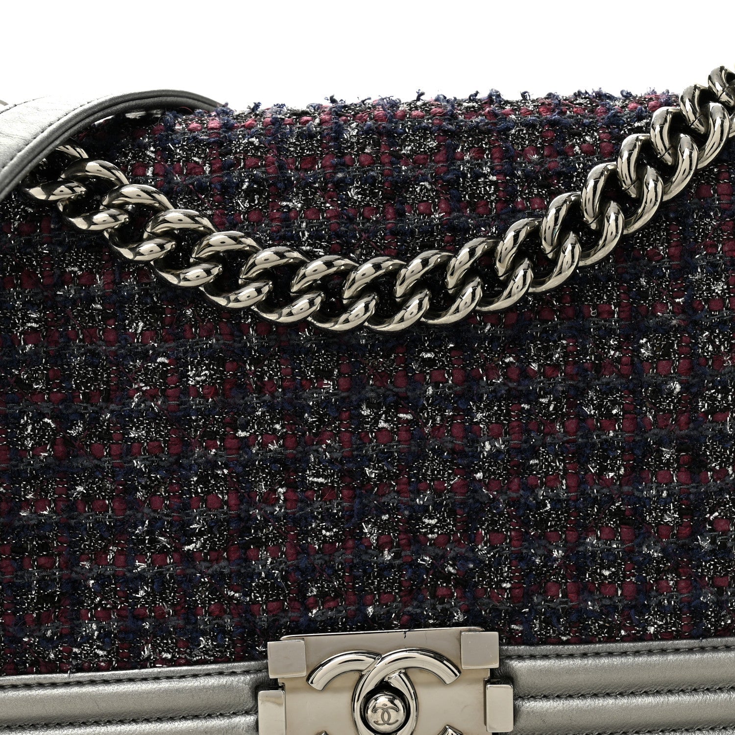 Chanel Tweed Metallic Lambskin Medium Boy Flap Silver