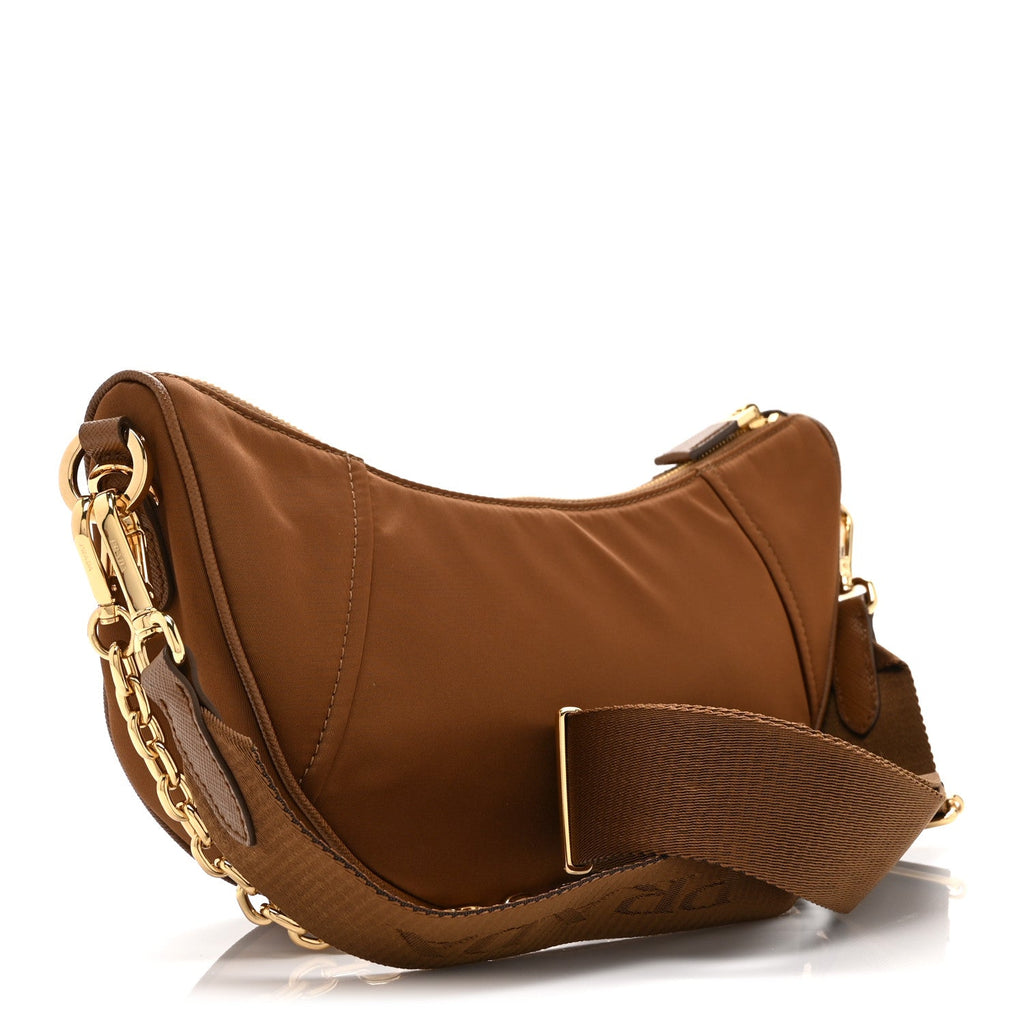 Prada Re-Nylon Saffiano Demi-lune Shoulder Bag Brandy
