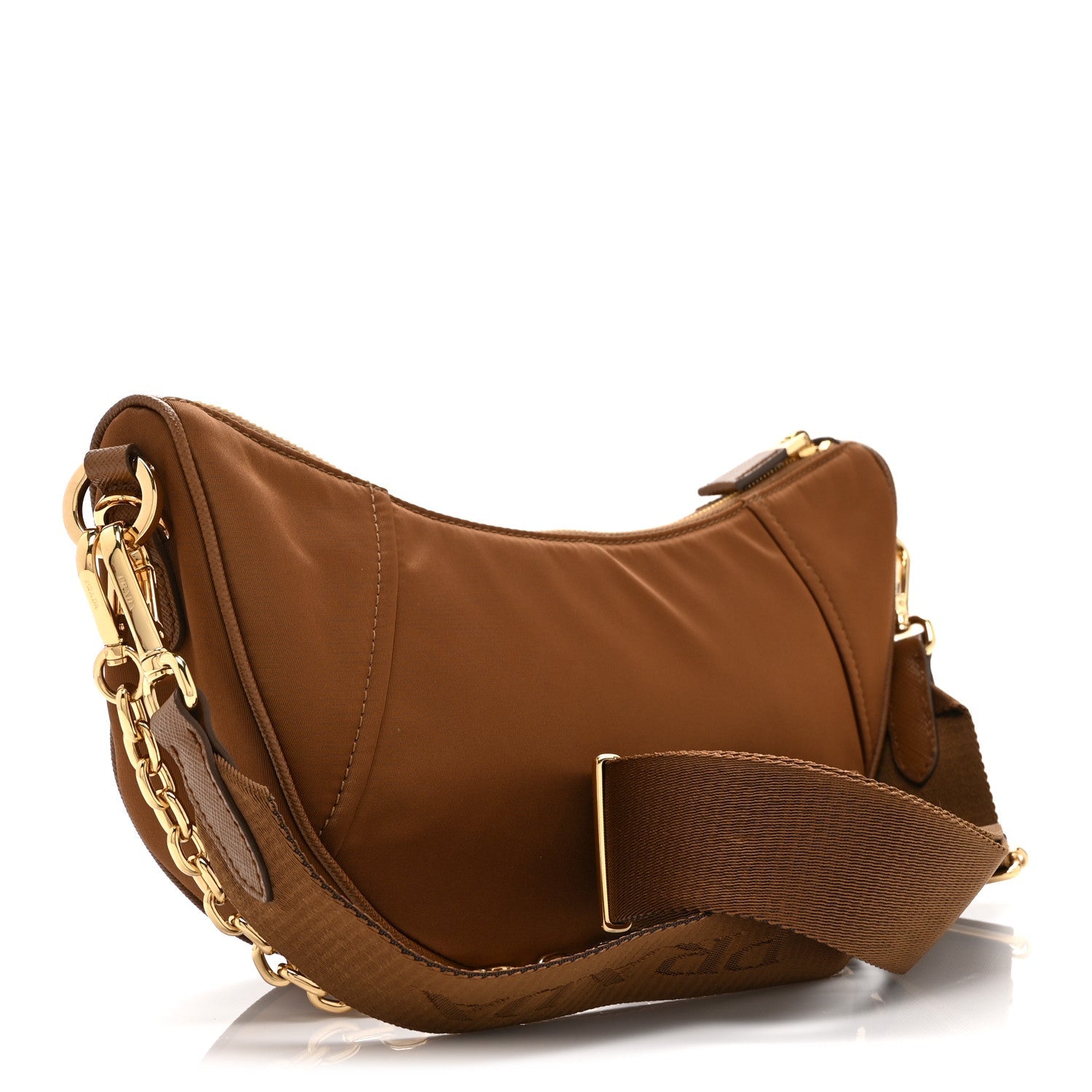 Prada Re-Nylon Saffiano Demi-lune Shoulder Bag Brandy