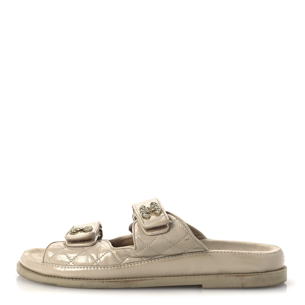 Chanel Shiny Calfskin Quilted Velcro Dad Crystal CC Slide Sandals 39 Beige