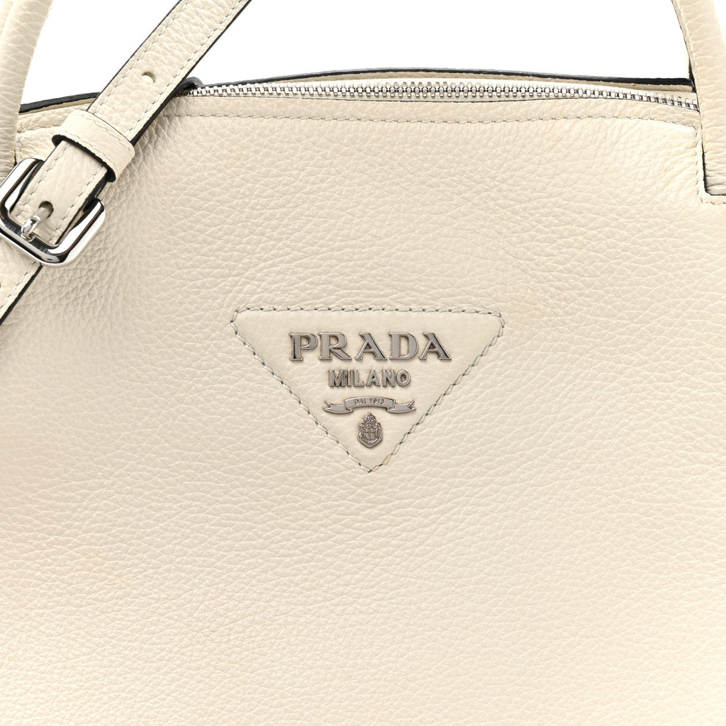 Prada Vitello Daino Soft Medium Zippered Top Handle Bag White