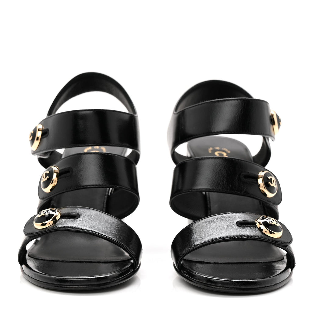Chanel Shiny Calfskin CC Sandals 38.5 Black