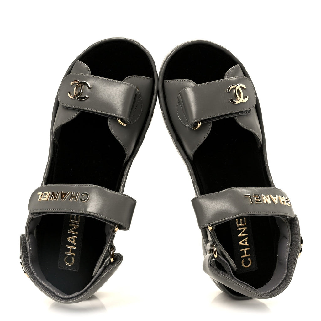 Chanel Shiny Calfskin Logo Platform Sandals 36 Grey