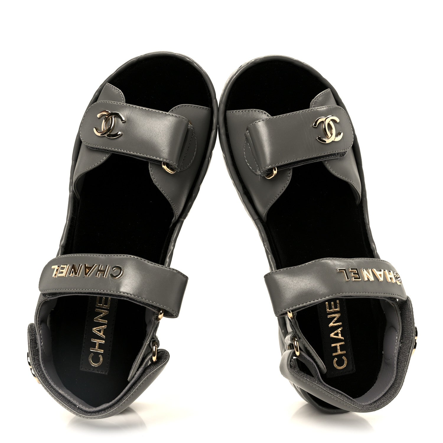 Chanel Shiny Calfskin Logo Platform Sandals 36 Grey