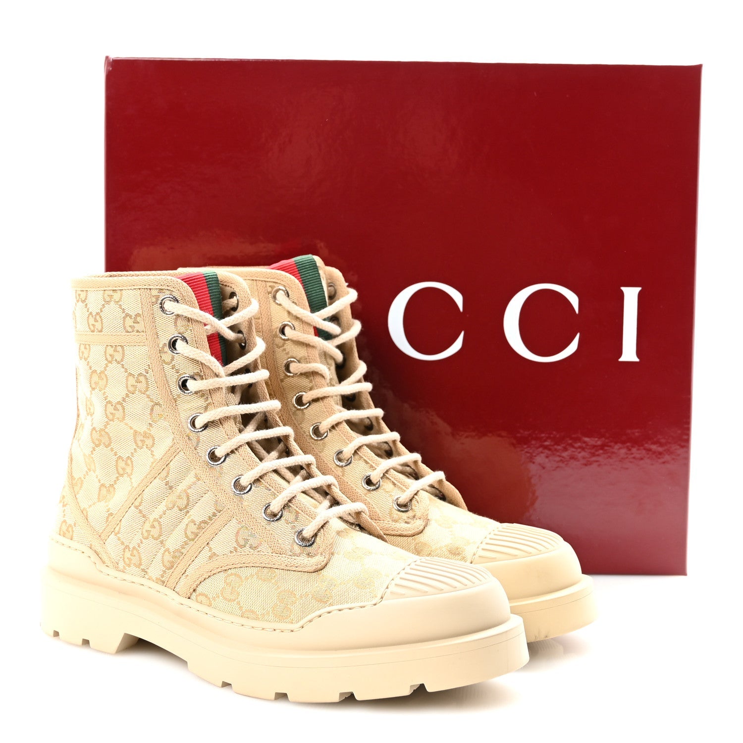 Gucci GG Monogram Web Mens Lug Sole Ankle Boots 7.5 New Sand