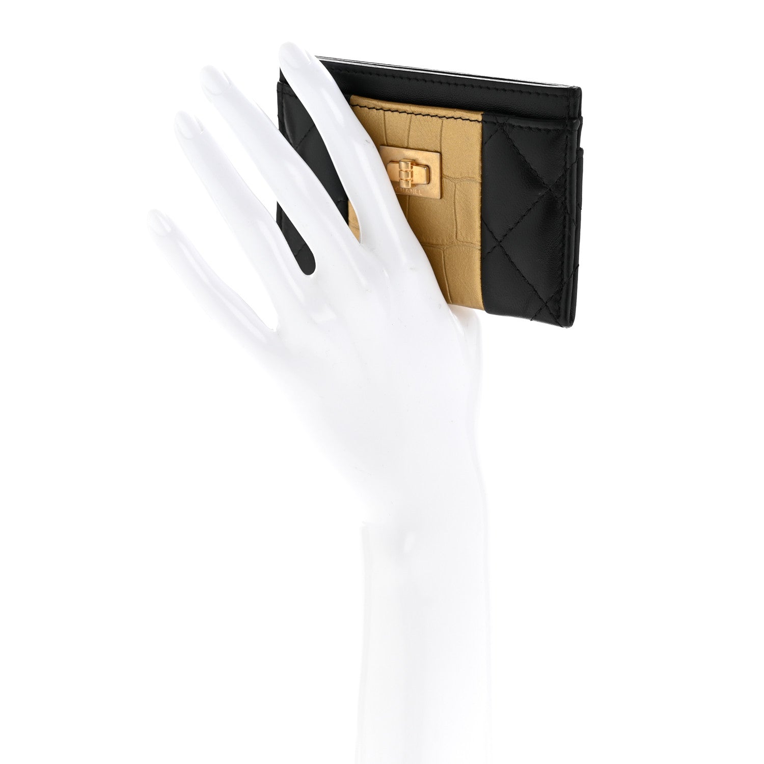 Lambskin Metallic Calfskin Crocodile Embossed 2.55 Reissue Card Holder Black Gold