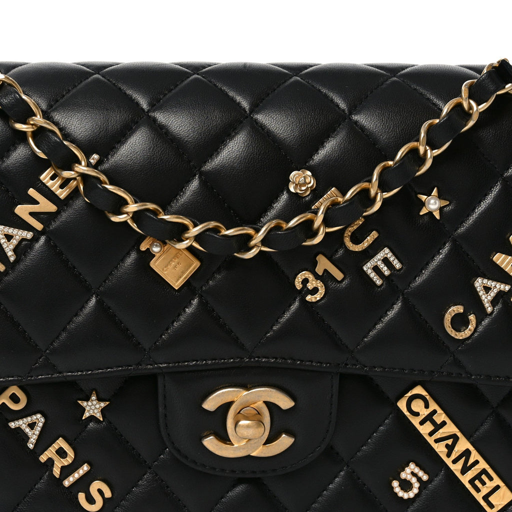 Chanel Lambskin Quilted Medium Rue Cambon Charms Double Flap Black