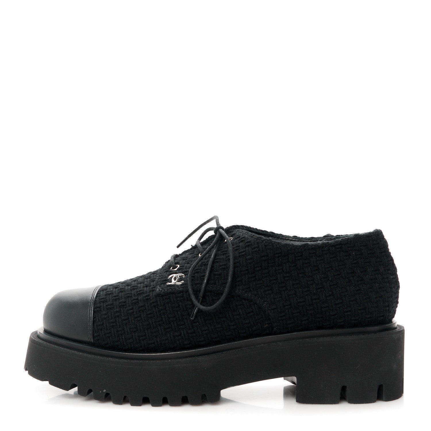 Chanel Wool Tweed Calfskin Lace-Up Loafers 38.5 Black