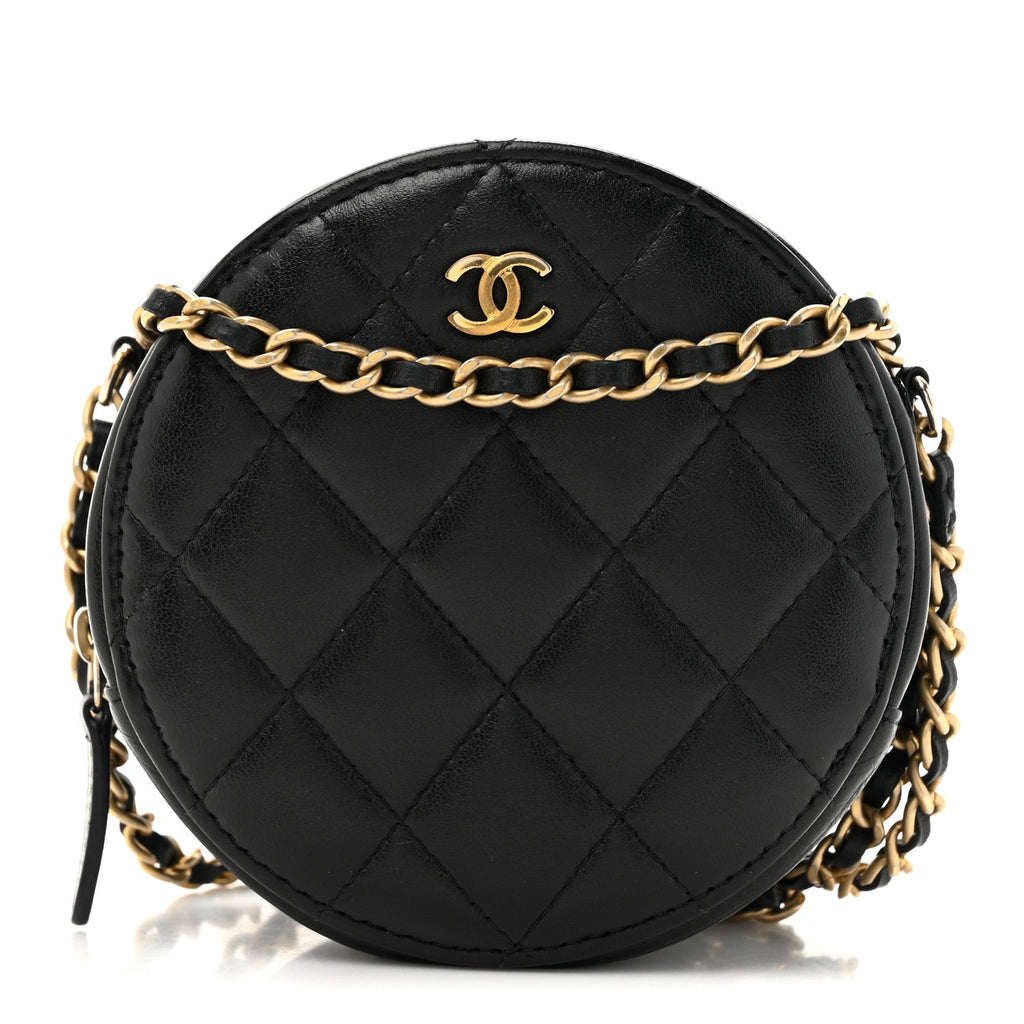 Chanel Lambskin Quilted Round Clutch With Chain Black