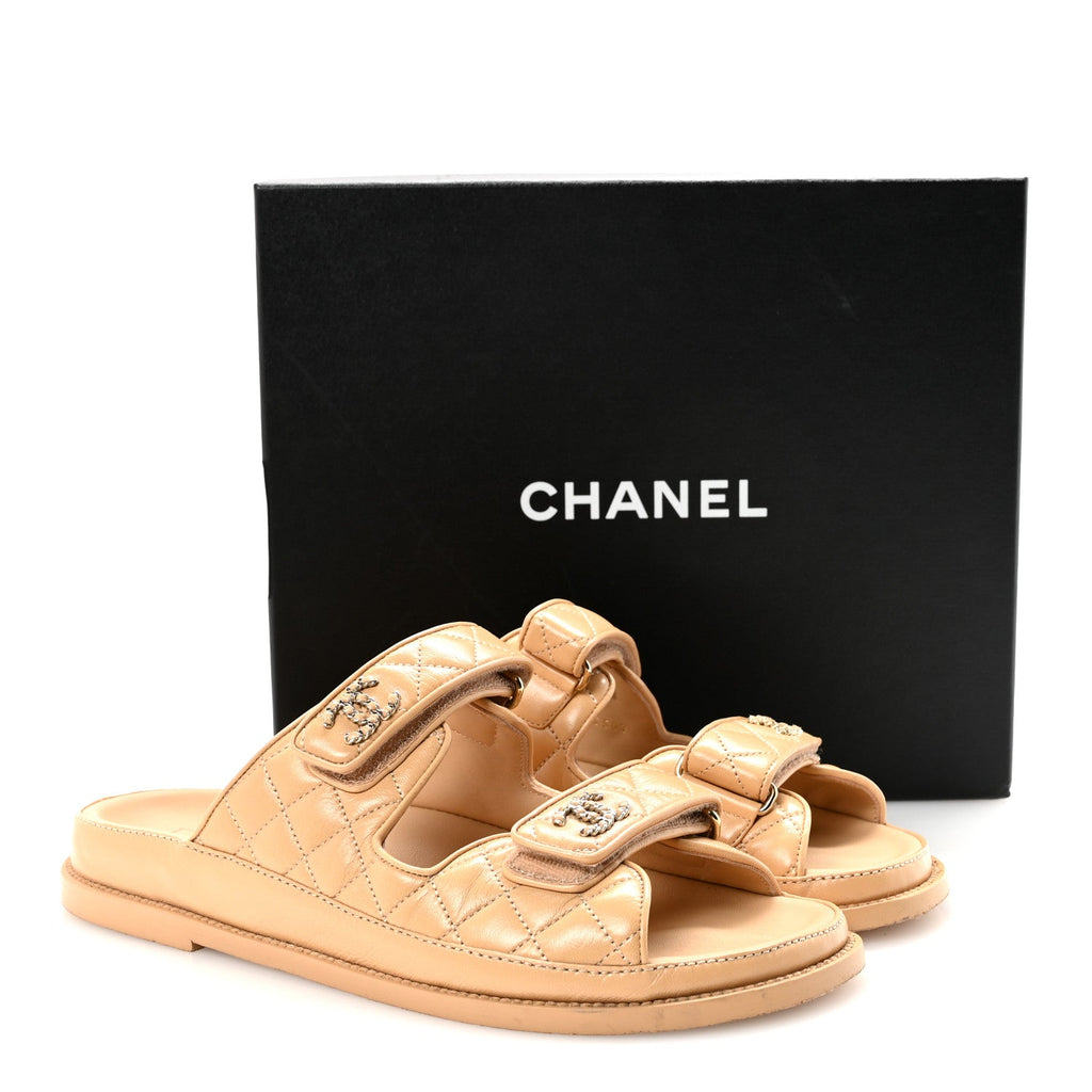 Lambskin Quilted Velcro Dad Chain CC Slide Sandals 39.5 Beige