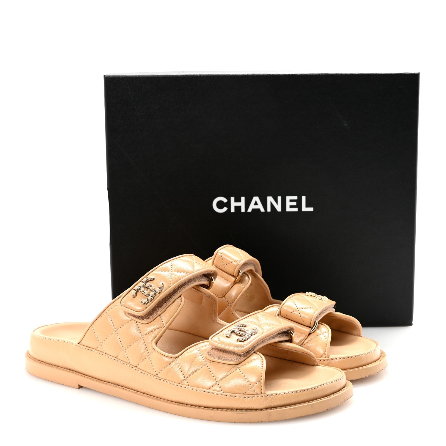 Lambskin Quilted Velcro Dad Chain CC Slide Sandals 39.5 Beige