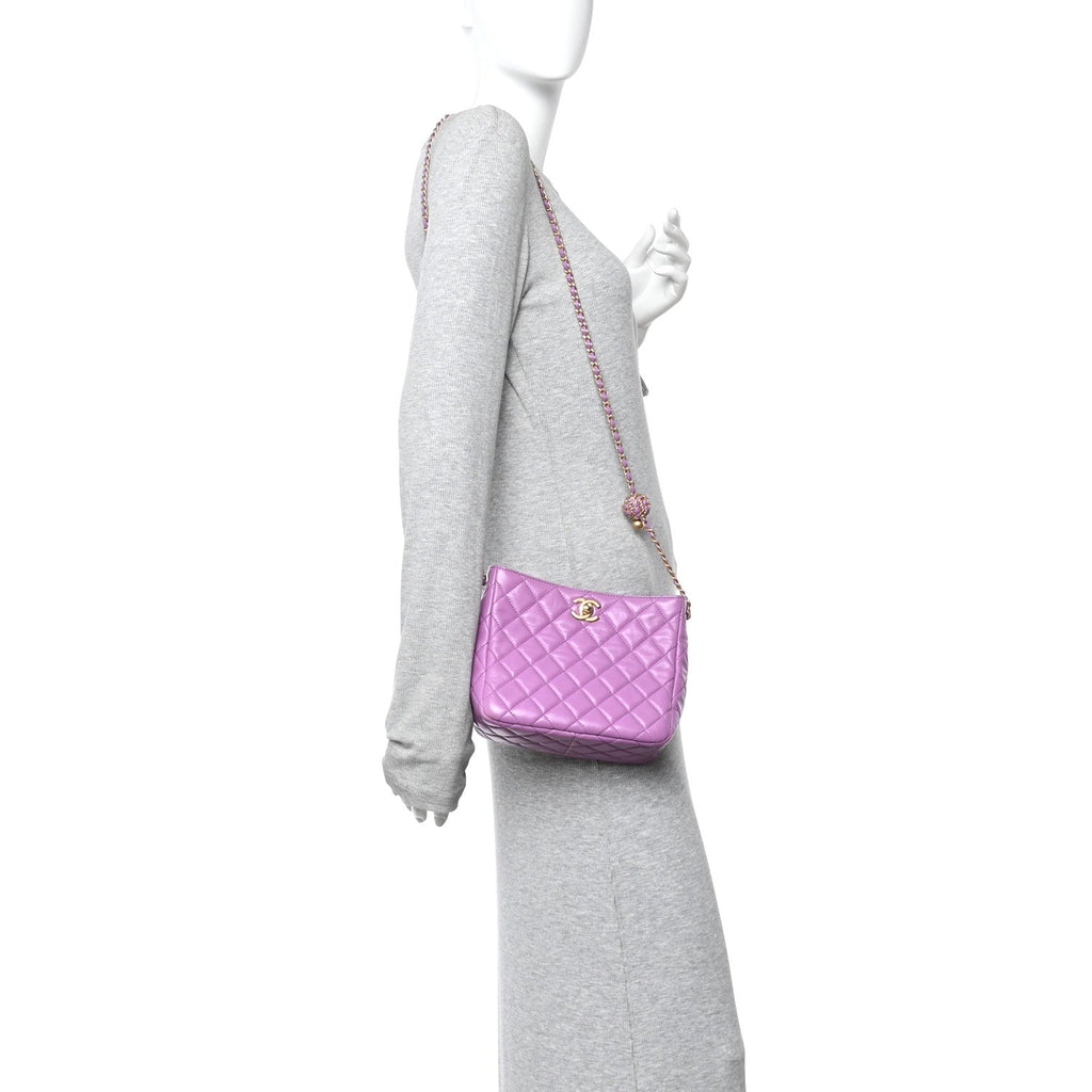 Chanel Lambskin Quilted Small Pearl Crush Hobo Purple