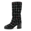 Chanel Wool Tweed Calfskin Cap Toe High Boots 38.5 Black Multicolor