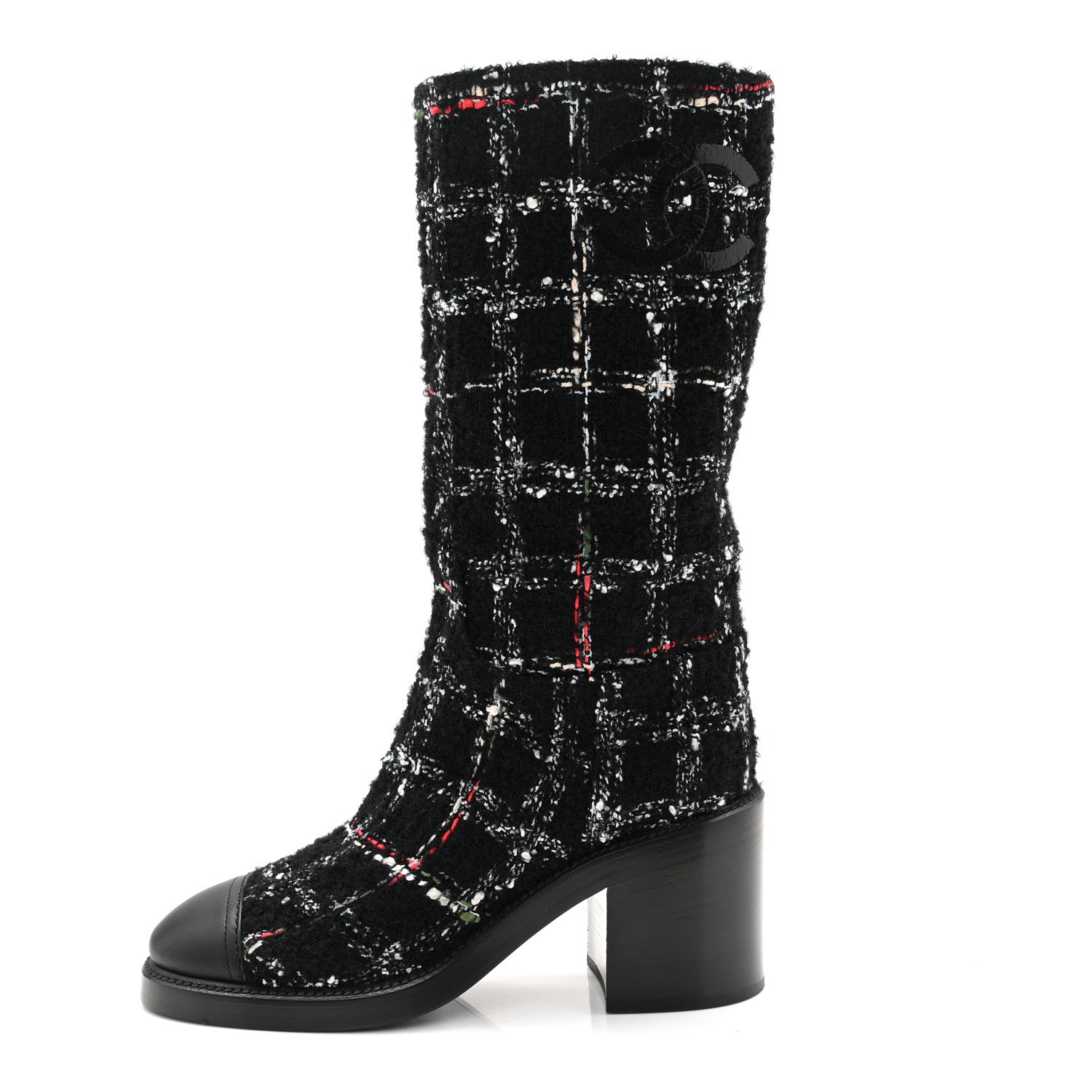 Chanel Wool Tweed Calfskin Cap Toe High Boots 38.5 Black Multicolor