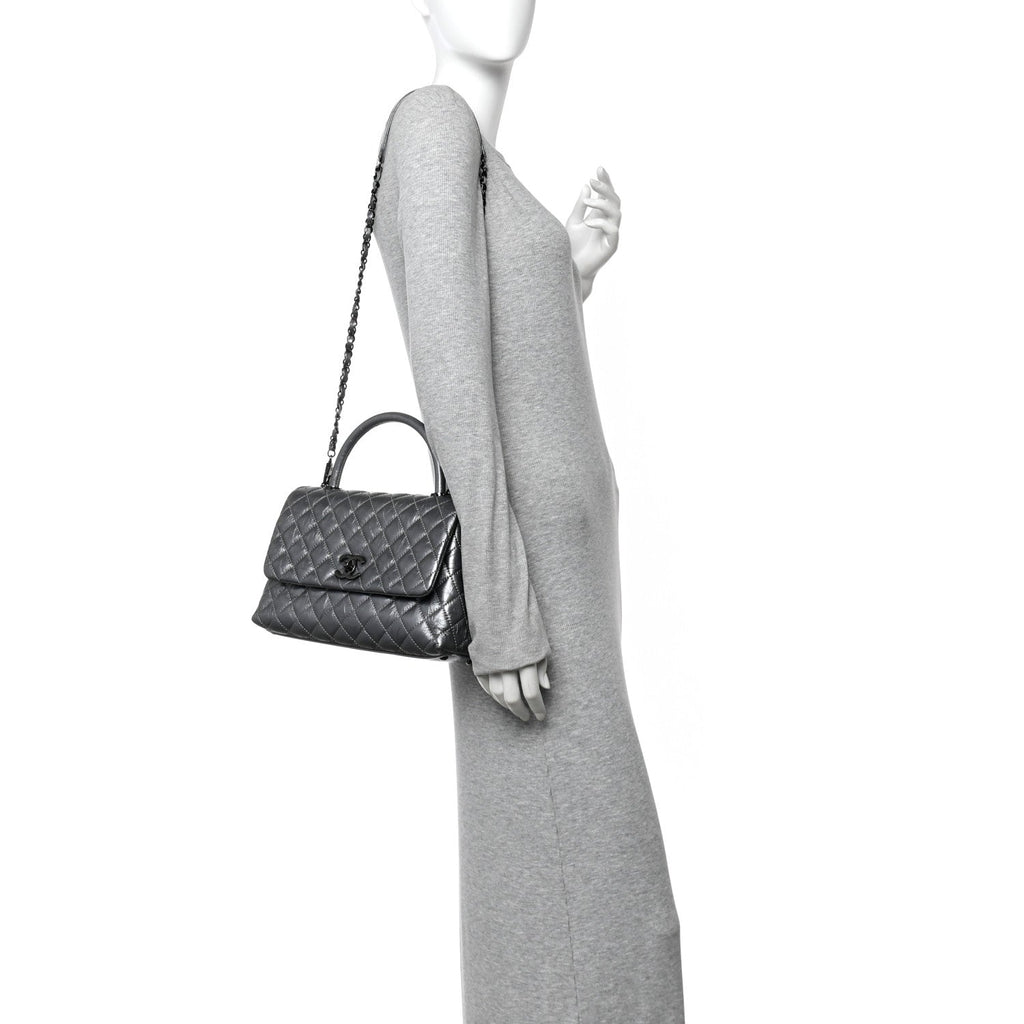 Chanel Metallic Aged Calfskin Quilted Small Coco Handle Flap Charcoal