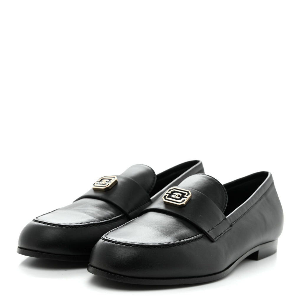 Lambskin Enamel CC Moccasin Loafers 37 Black