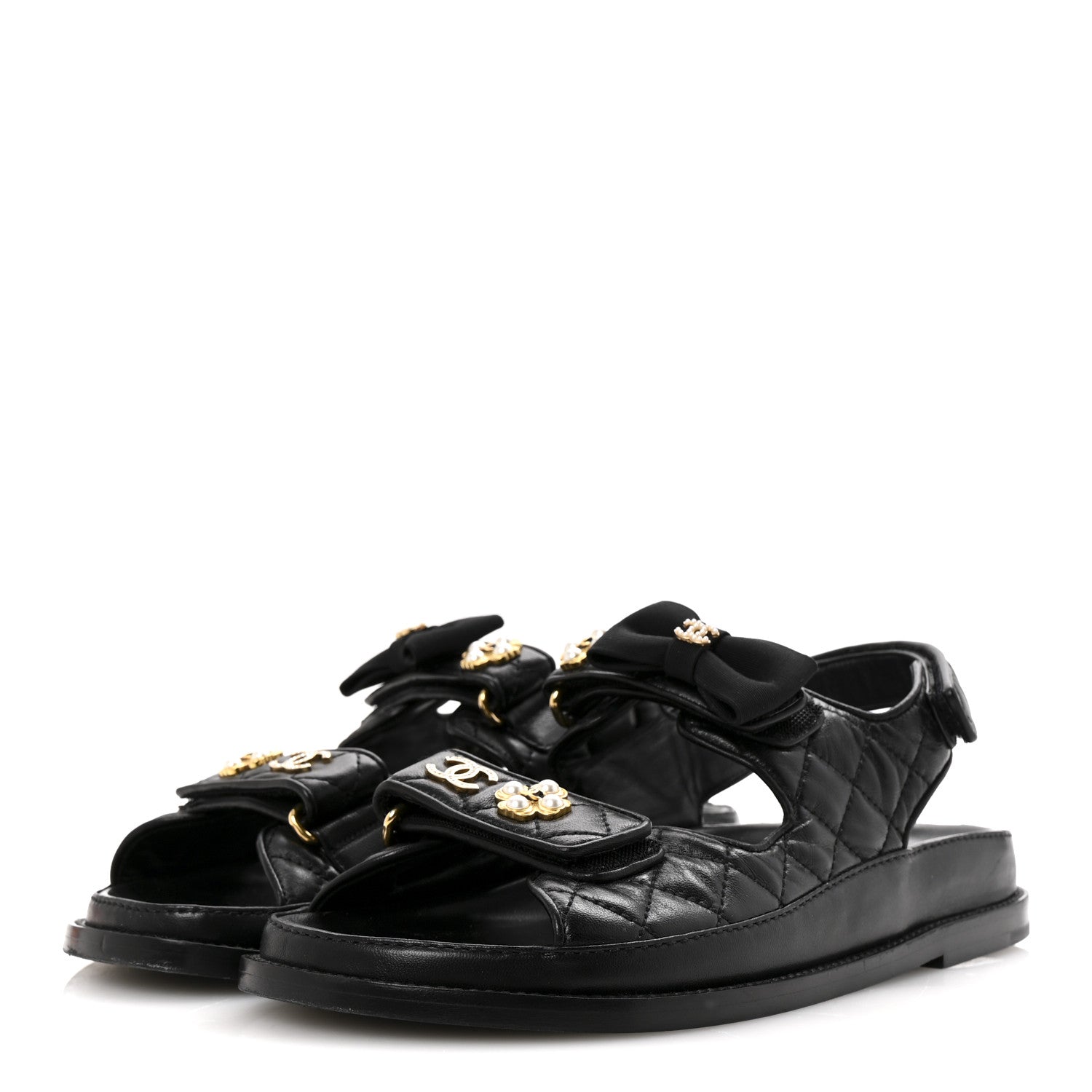 Lambskin Velcro CC Pearl Bow Dad Sandals 38 Black