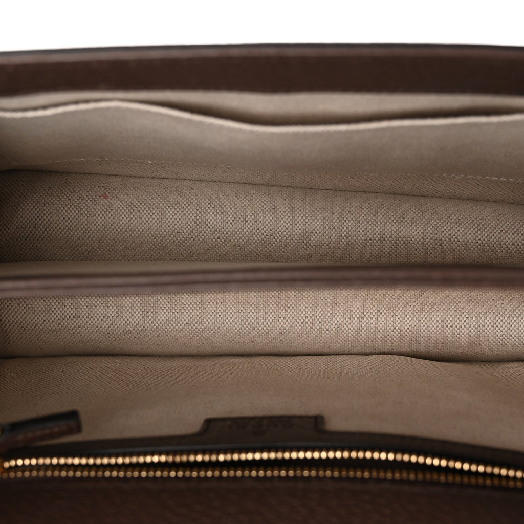 Gucci Monogram Jumbo GG Textured Dollar Calfskin Web Small Ophidia Padlock Top Handle Bag Camel Ebony New Acero