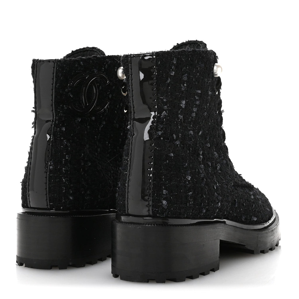 Chanel Tweed Patent Calfskin Pearl Combat Short Boots 37  Black Grey Blue